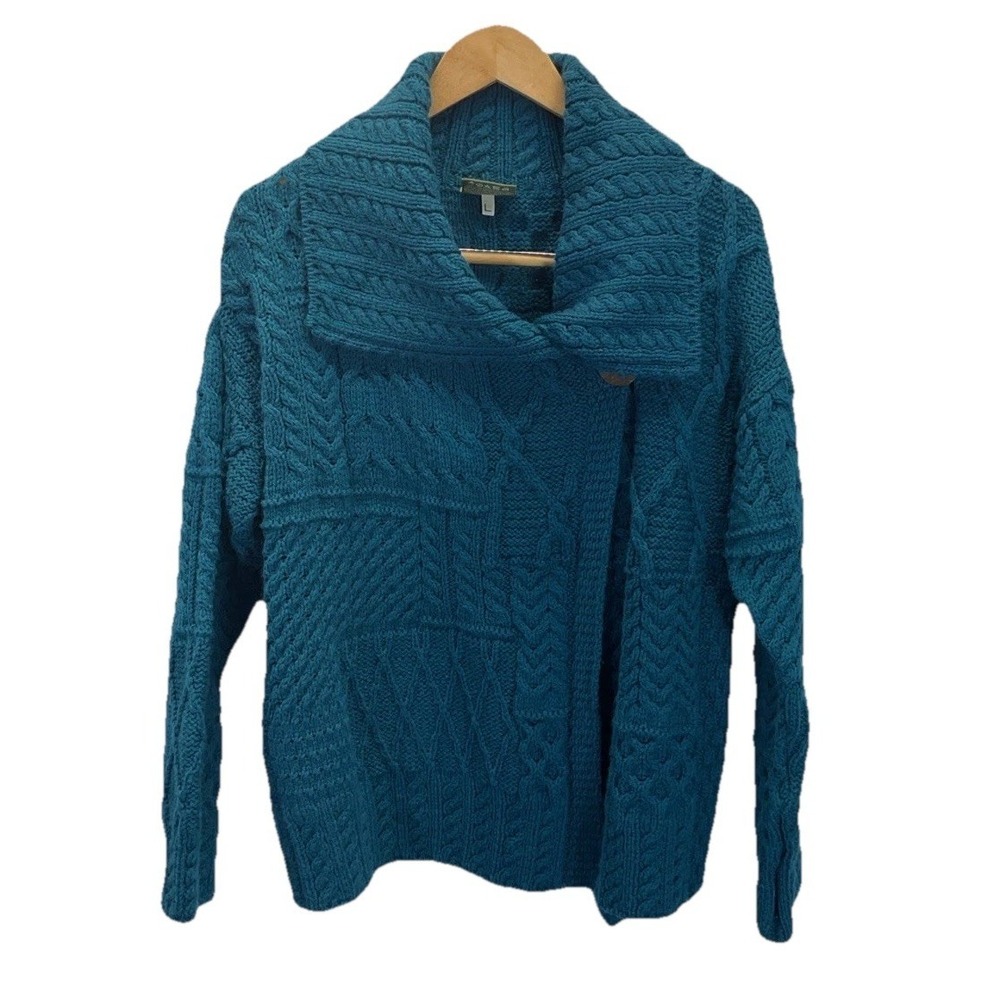 Carraig Donn Teal fisherman Cable Knit merino Wool Sweater Cardigan LG Ireland